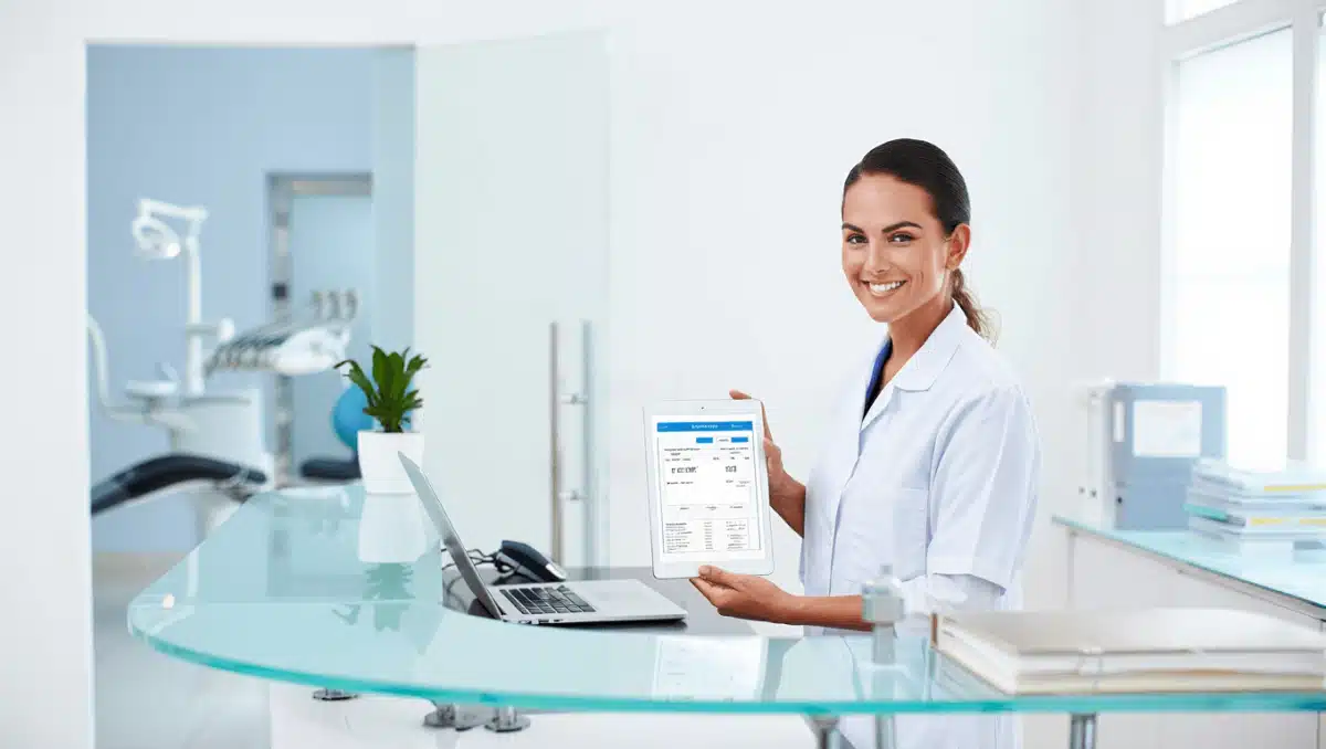 output:  Moderner Krankenhausflur mit Empfang und Pflanzen.