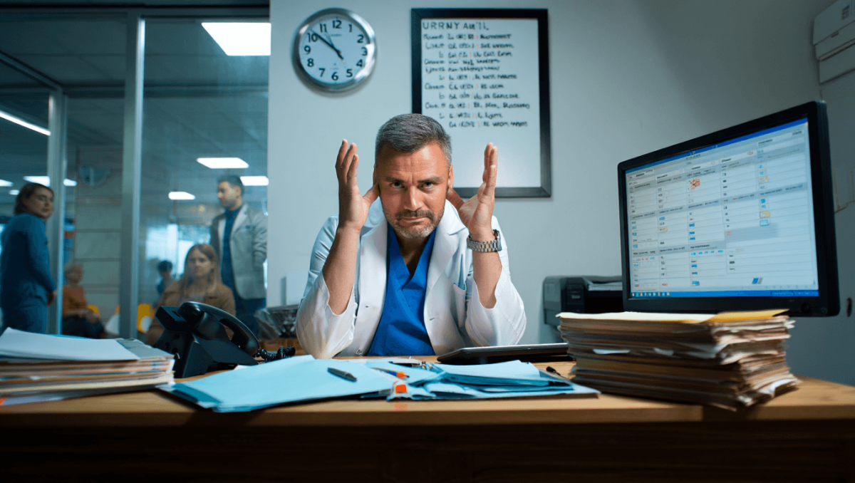 output:  Moderner Krankenhausflur mit Empfang und Pflanzen.