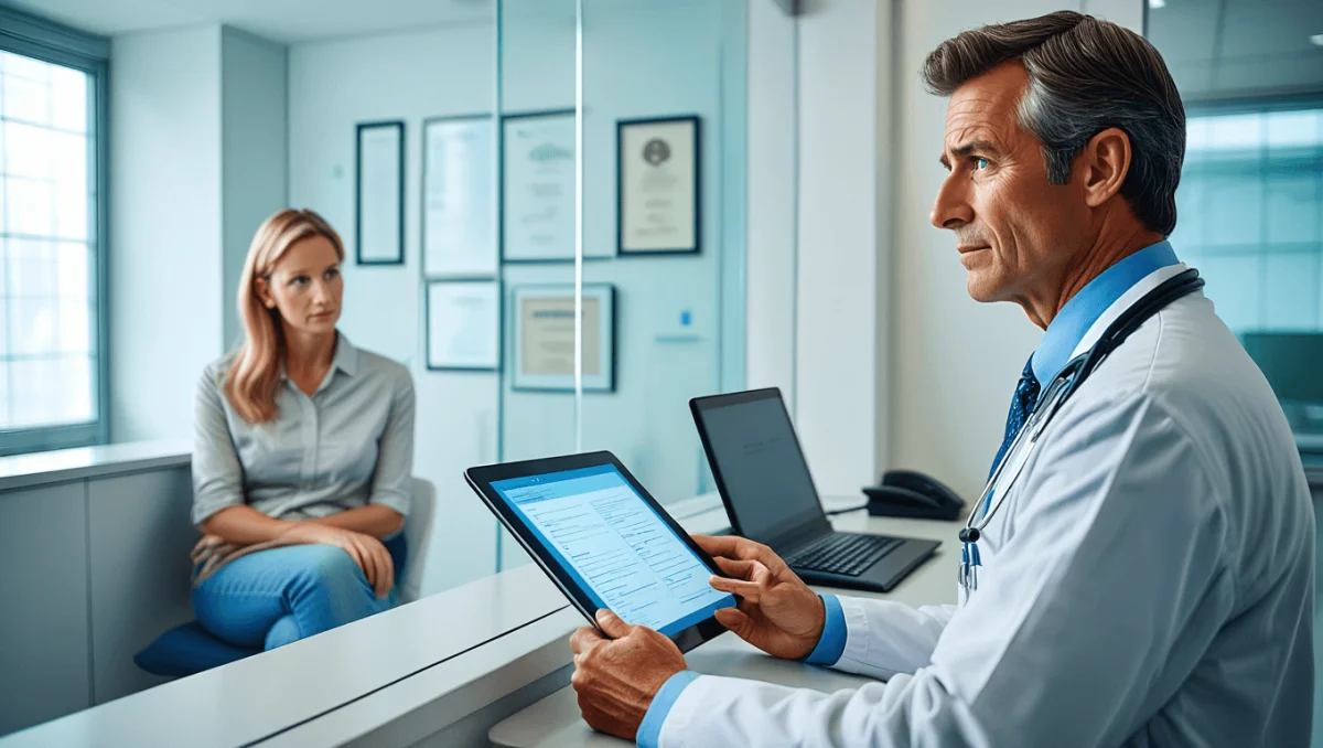 output:  Moderner Krankenhausflur mit Empfang und Pflanzen.