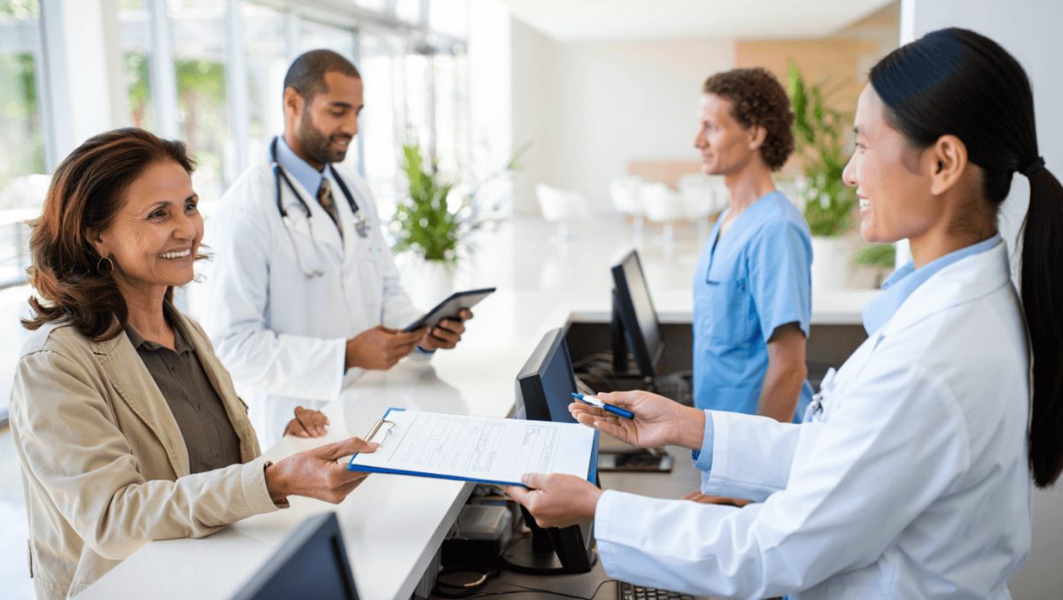 output:  Moderner Krankenhausflur mit Empfang und Pflanzen.