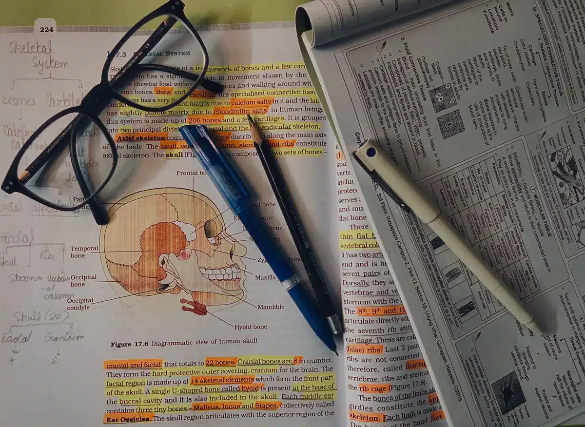 Studierende mit Fachliteratur zur Dentalhygiene und Praxismanagement