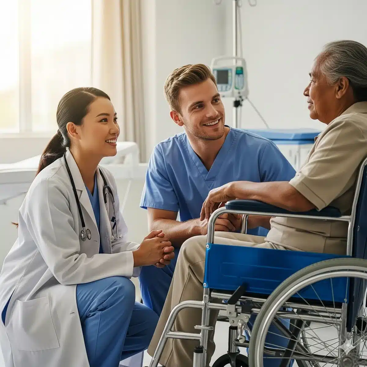 Krankenhausflur mit Ärztinnen und Ärzten im Hintergrund